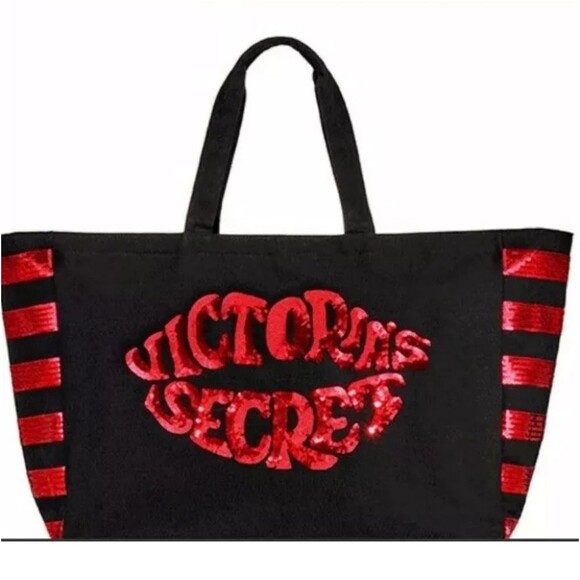 New Victorias Secret Black Red Sequin Kiss Tote Bag nwt bling zip pocket purse - Picture 1 of 16